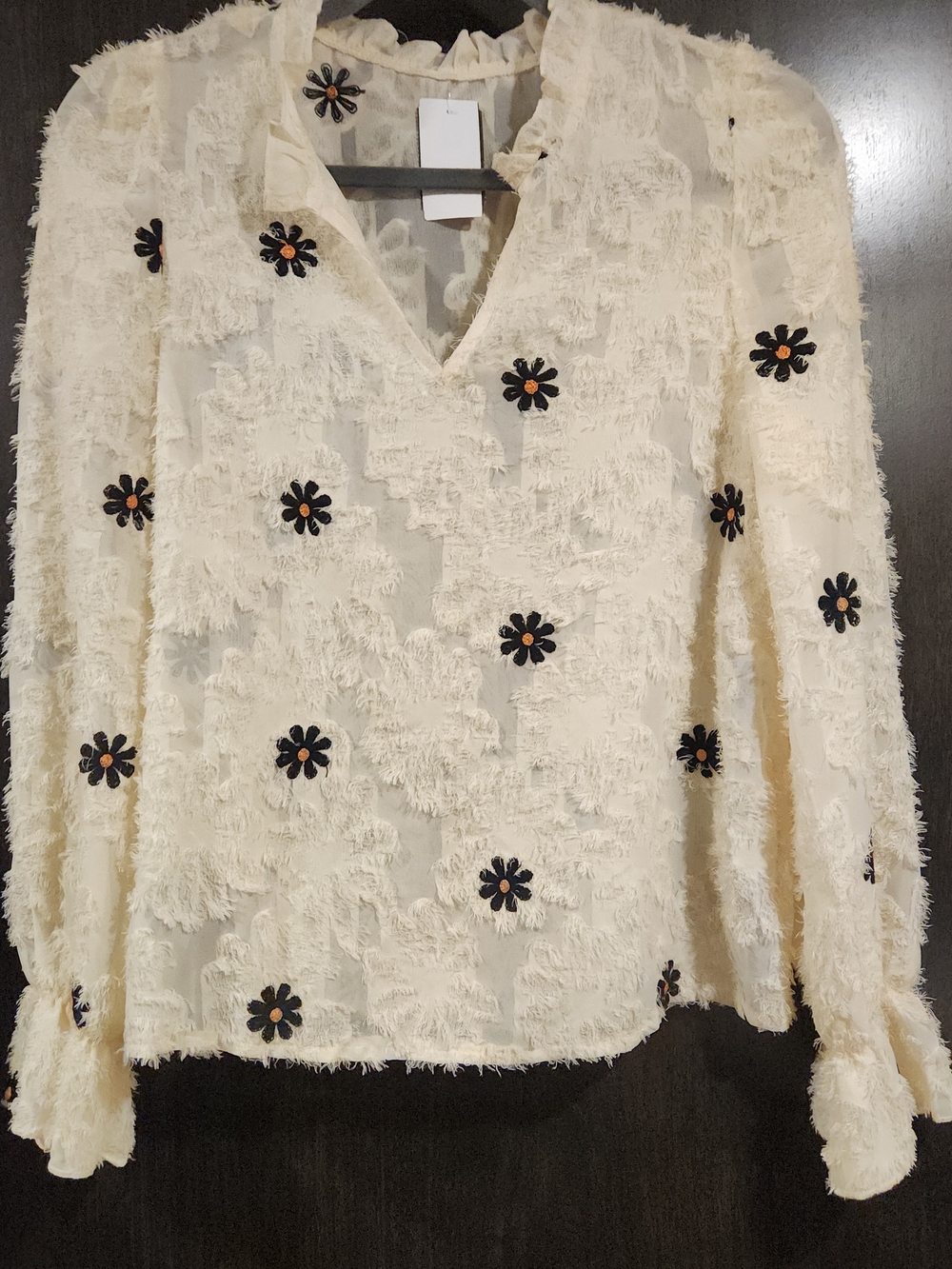SHEIN Cream Long-Sleeve Floral Fringe Blouse with Black Daisy Accents